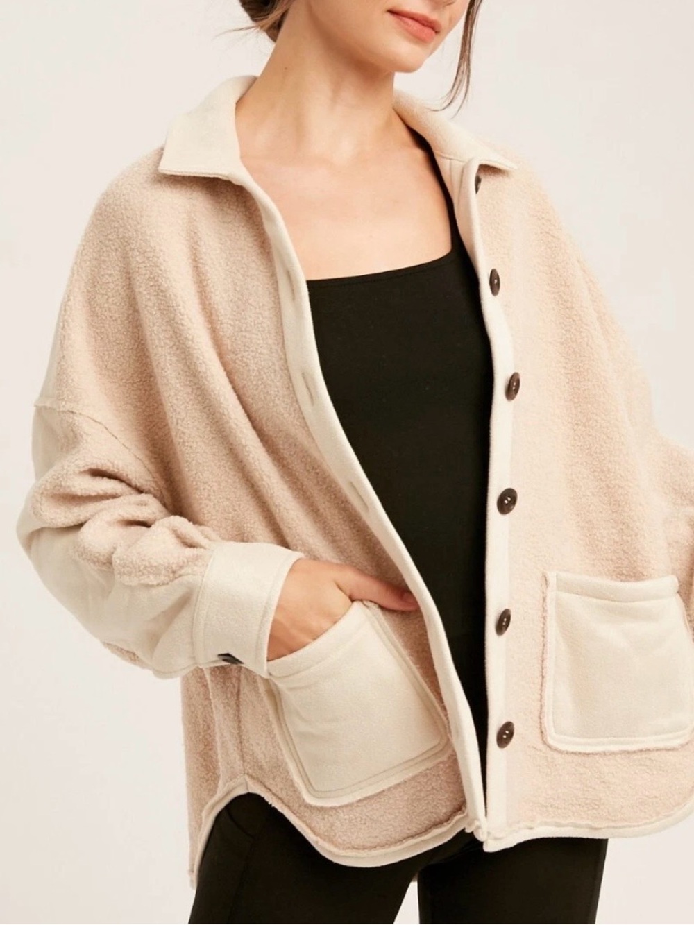 Listicle Suede and Terry/Sherpa Contrast Button-Down Jacket.